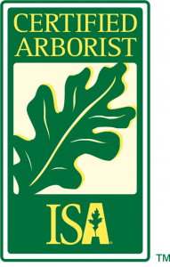 A green and yellow badge indicating that the company hires only ISA certified arborists.