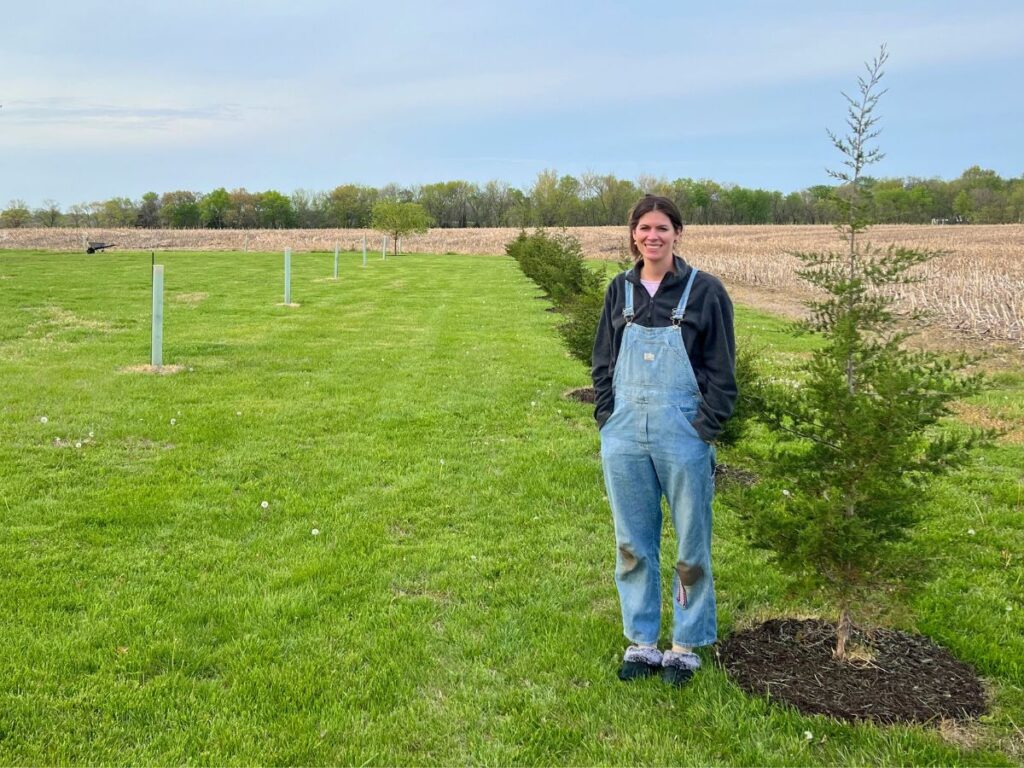 A woman in denim overalls stands by a row of fir trees.