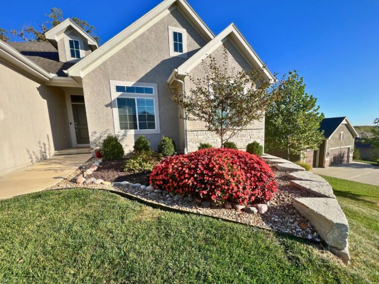 A brightly colored bush in front of a suburban house.